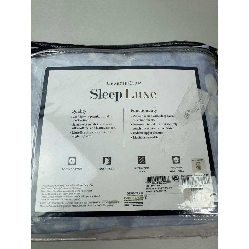 Charter Club Sleep Luxe 800 TC Twin  Printed Cotton 2 Pc. Duvet Cover Set